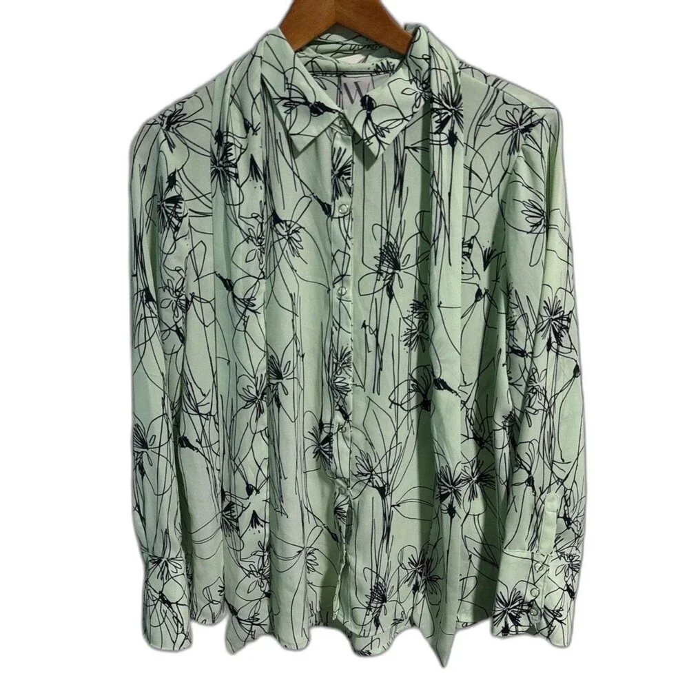 Worthington PL Blouse Green Black Abstract Scribble Long Sleeve Tie Neck Top
